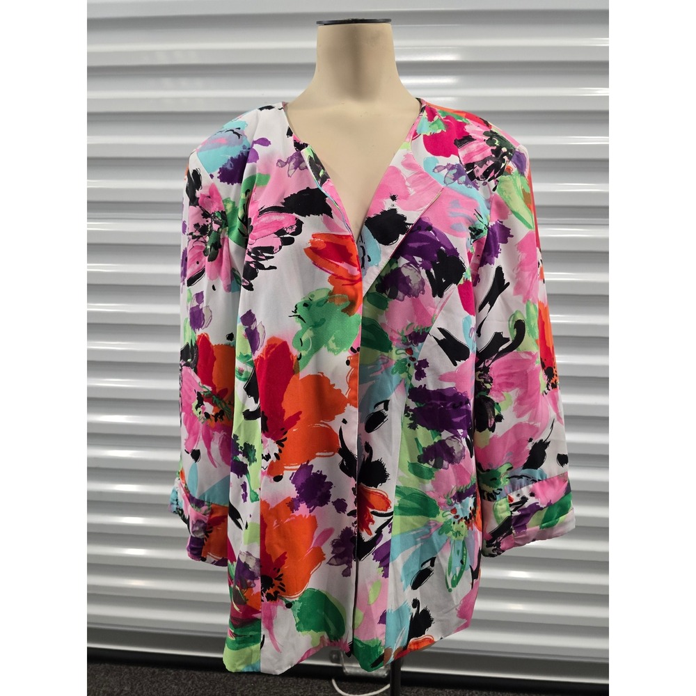 Serengeti Womens XL Floral Open Front Blazer Multicolor Lined Ruch Sleeve Jacket